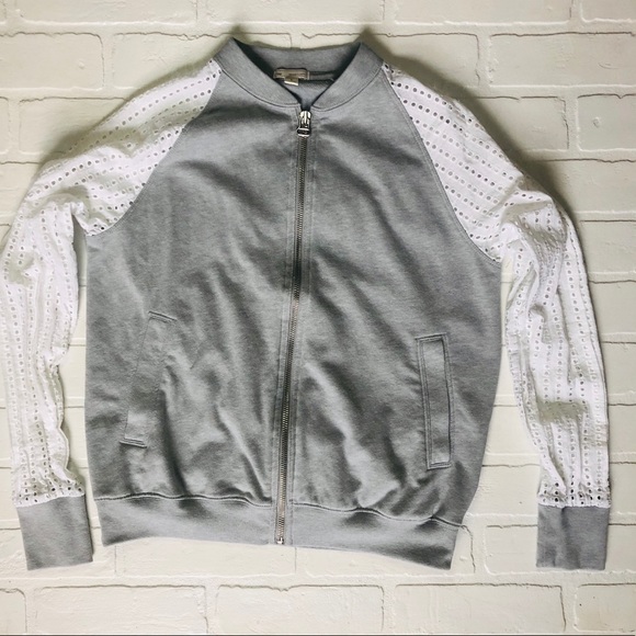 GAP Gray and White Eyelet Sleeve Zip-Up Jacket - Picture 2 of 8